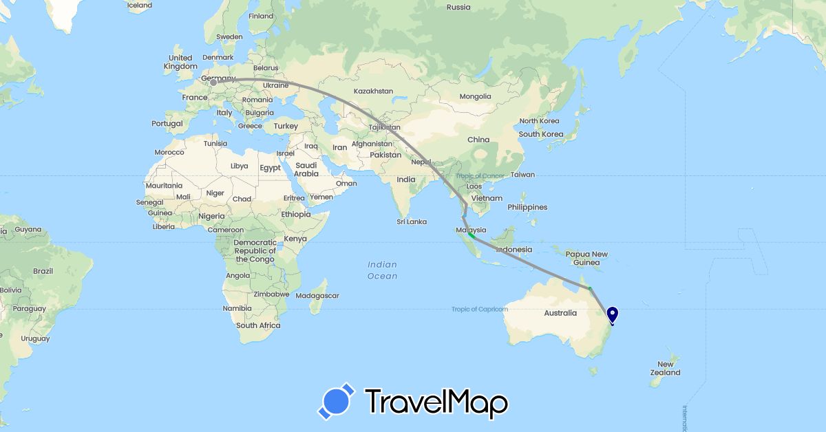 TravelMap itinerary: driving, bus, plane, boat in Australia, Germany, Malaysia, Singapore, Thailand (Asia, Europe, Oceania)